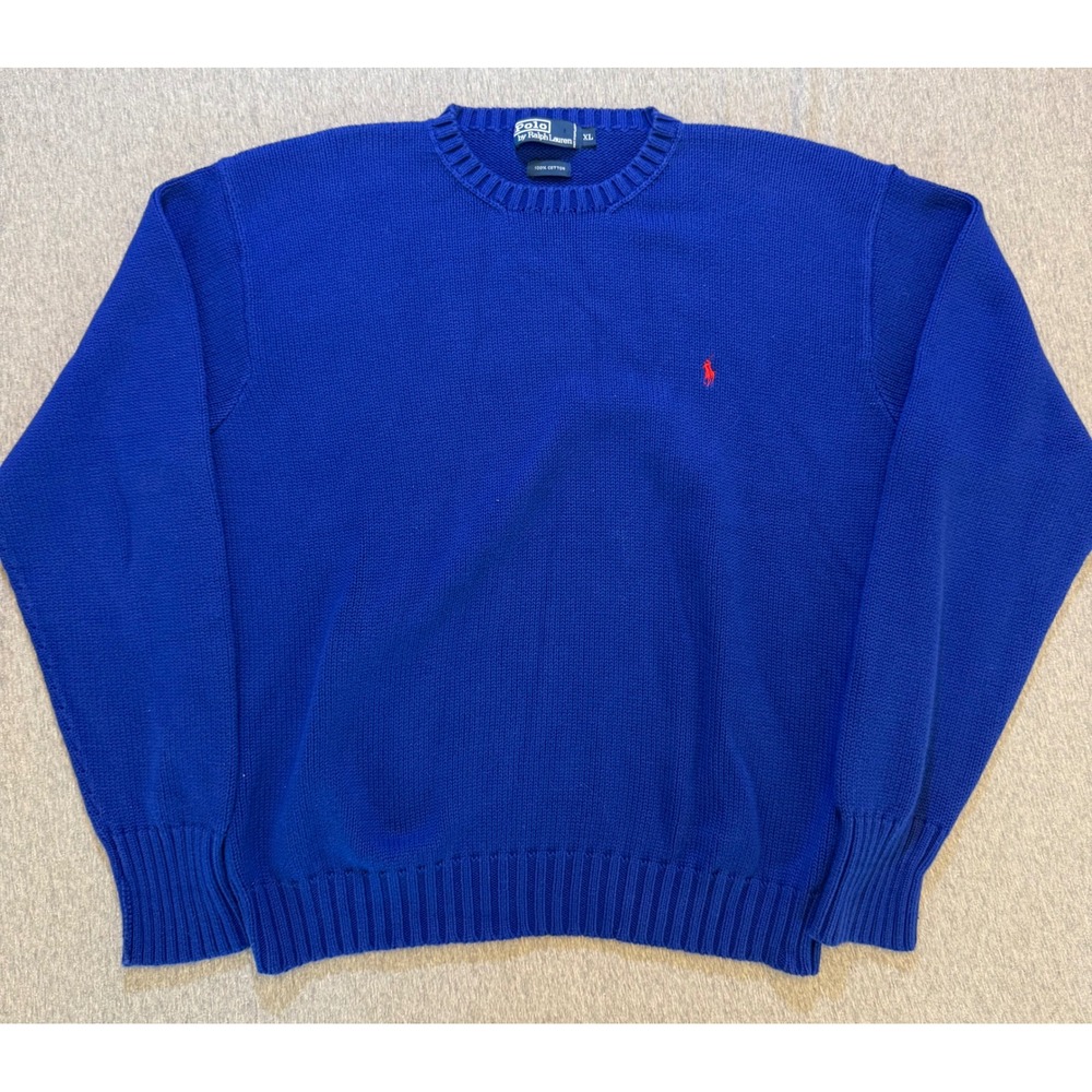 Vintage Polo Ralph Lauren Sweater Mens XL Royal Blue Cotton Red Pony Crewneck